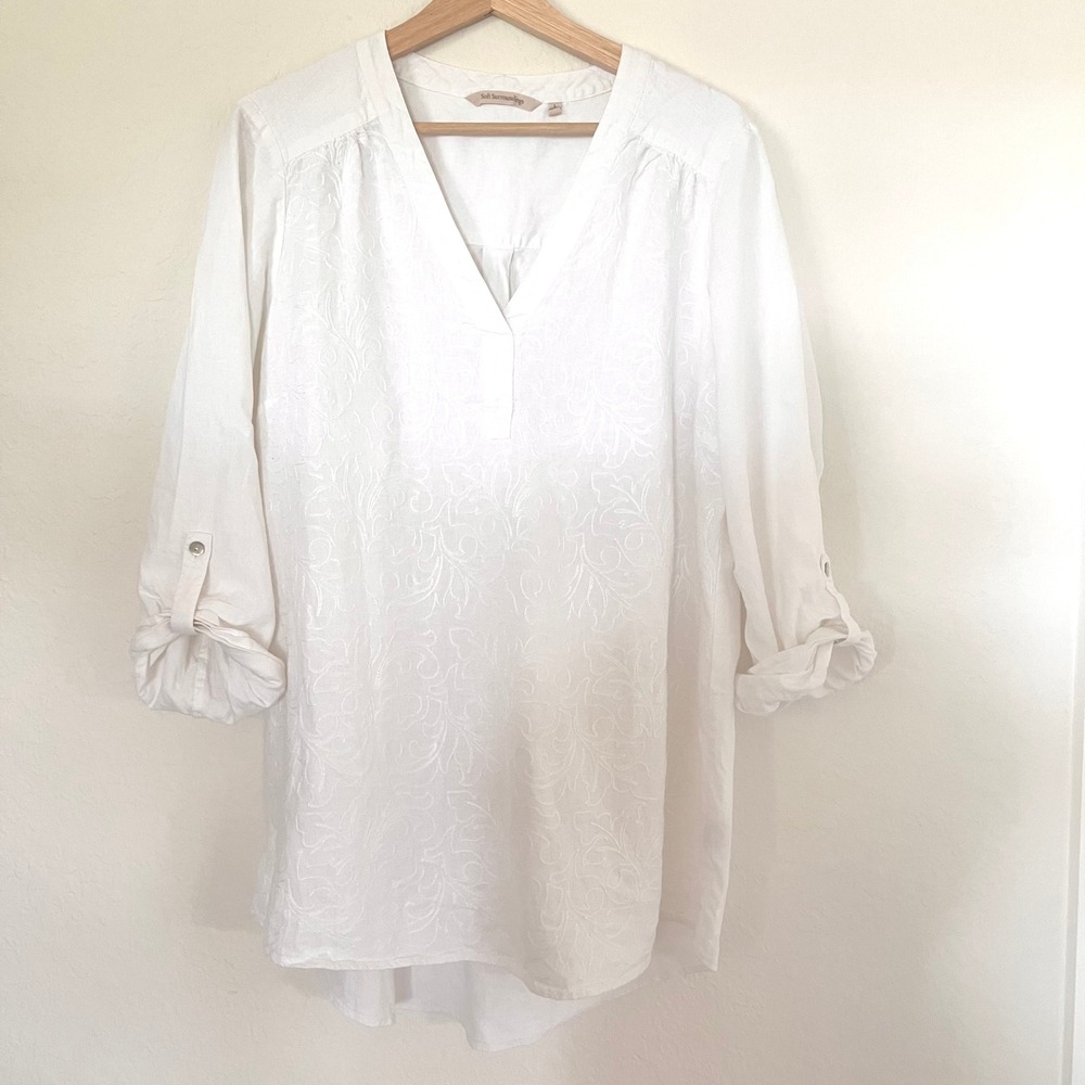 Soft Surroundings White Embroidered Linen Tunic Roll Tab Sleeve Large Lagenlook